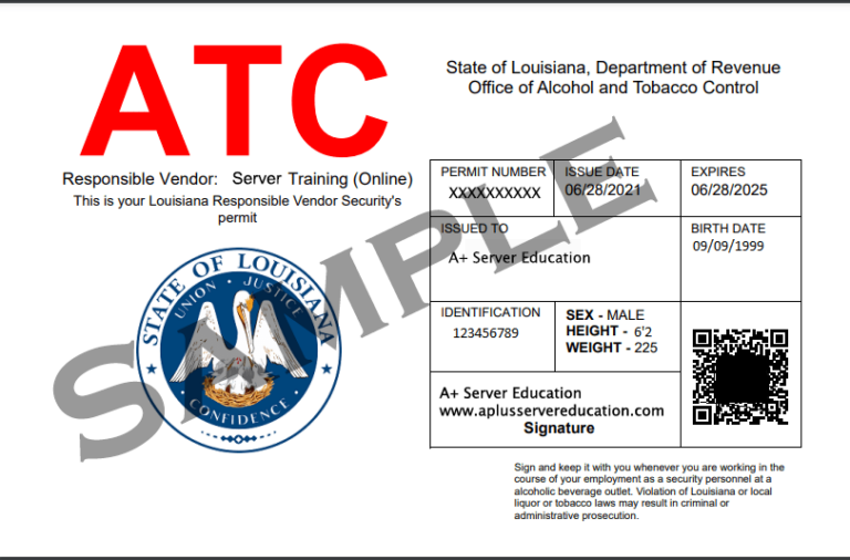 Louisiana RV BAR CARD ATC Approved Online - $19.50